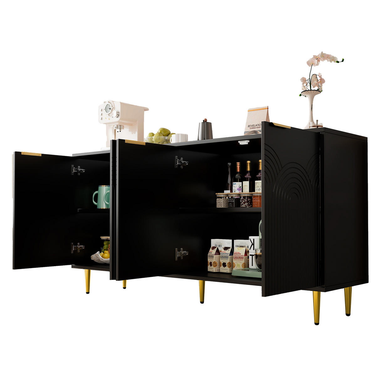 SIDEBOARD 160/40/80 cm aus MDF und Spanplatte mit 4 Türen Schwarz - Schwarz, Holzwerkstoff (160/80/40cm) - Modenvie