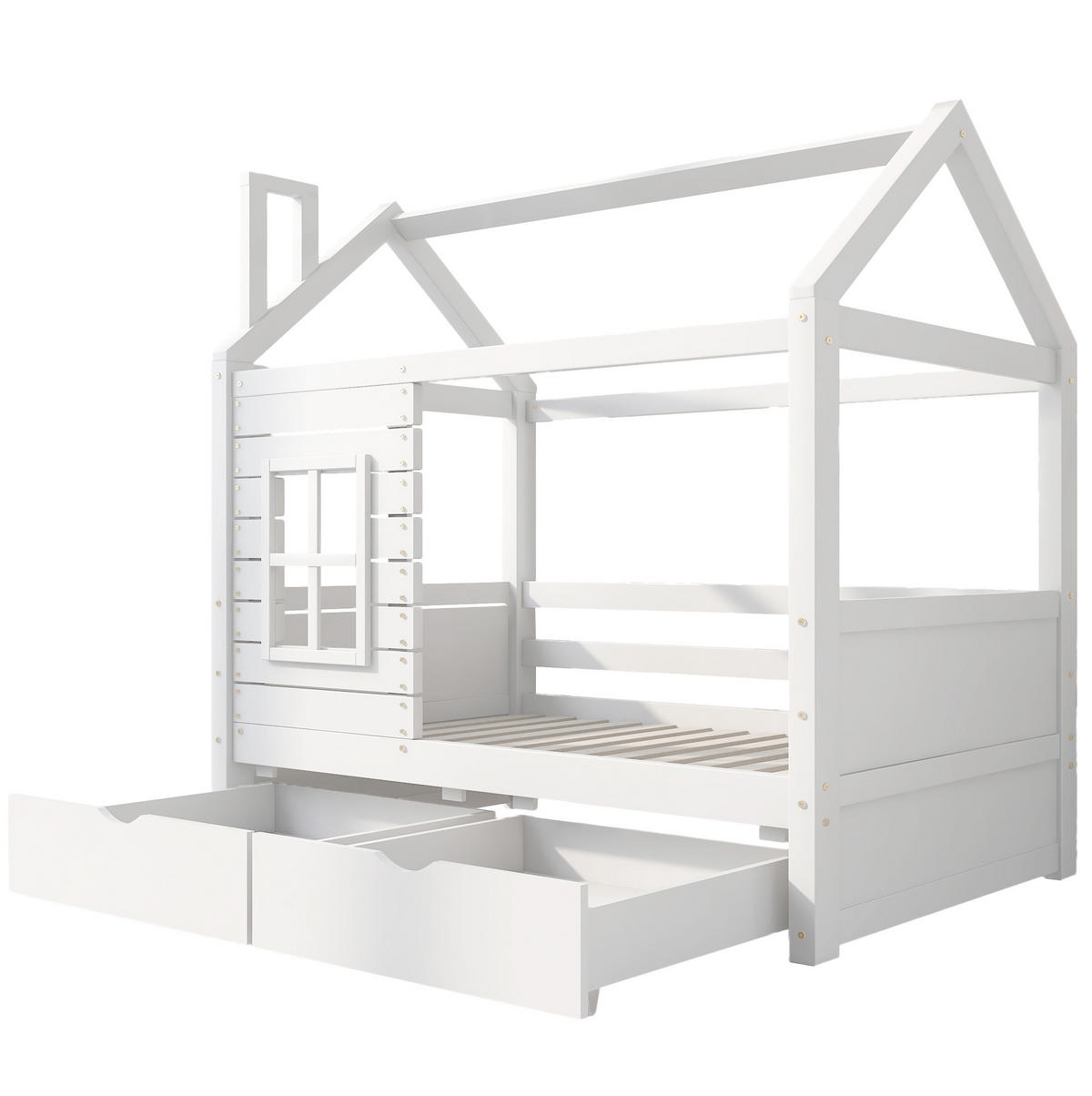 KINDERBETT 80/160 cm mit Rausfallschutz, Fenstern und 2 Bettkästen aus Kiefer Massivholz, Weiß - Weiß, Holzwerkstoff (80/160cm) - Redom