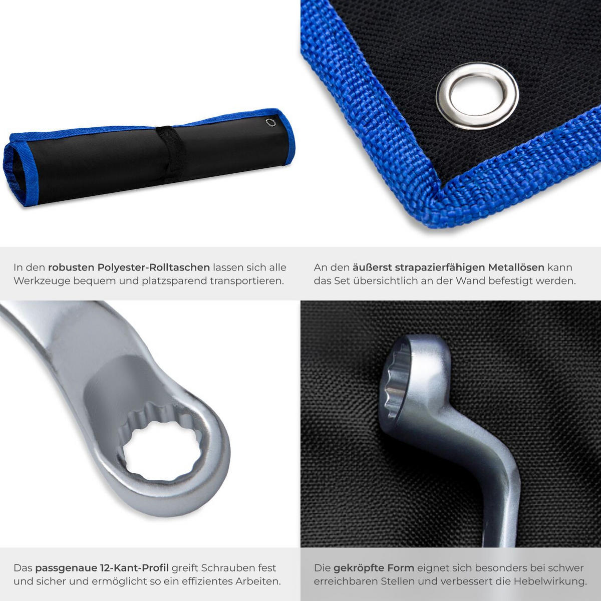 DOPPELRINGSCHLÜSSELSET ,inklusive 2 Rolltaschen mit Ösen,schwarz/silber - Silberfarben/Schwarz, Metall (37/8/7cm) - tectake