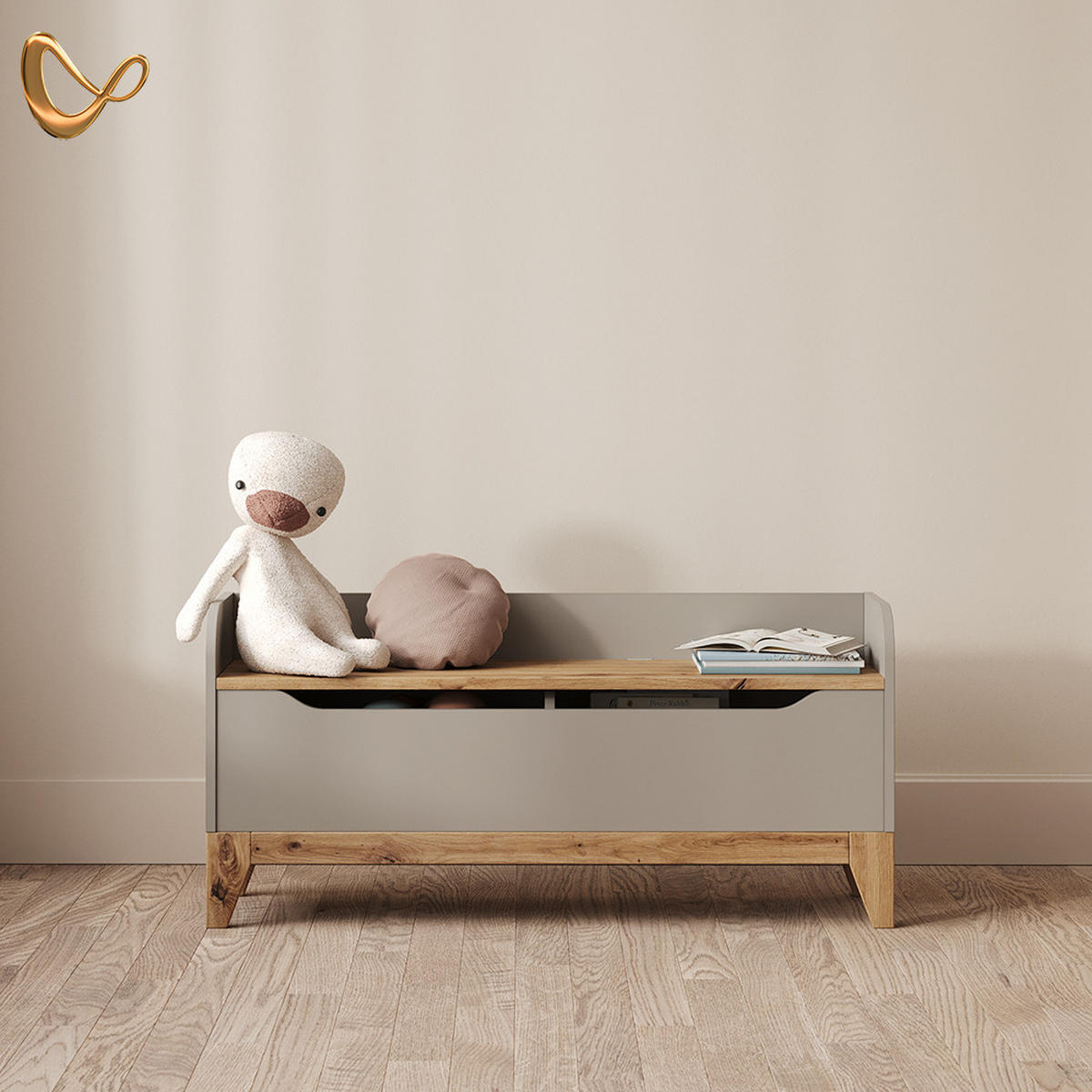 KOMODA NA HRAČKY Malia Kašmír/Řemeselné 107.2 x 50 cm s lavicí - kašmírová/dub artisan, kompozitní dřevo (107.2/30cm) - Livinity®