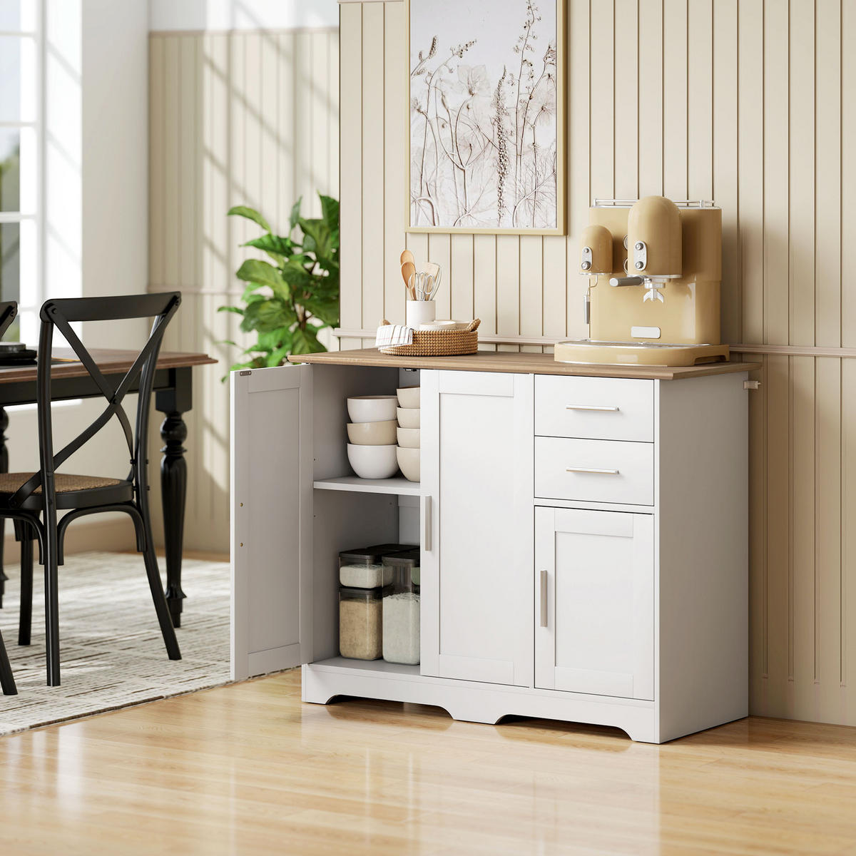 SIDEBOARD Weiß und Naturfarben, 2 Schubladen, 2 Türen, 100/40/78 cm - Weiß, Holz (100/78/40cm) - PANGIVO