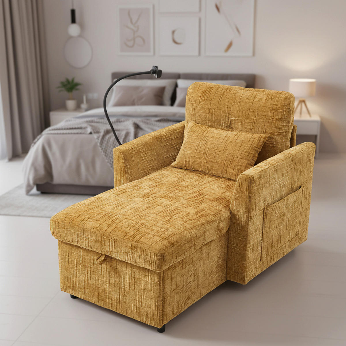 SCHLAFSOFA in Senfgelb aus Chenille mit Handyhalterung & Stauraum - Gelb/Grün, Textil (84/87/125cm) - Urban Meuble