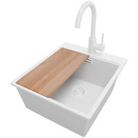 GRANITSPÜLE Oslo, 4-er set Alles Weiß 43/50 cm, 1 Becken + Küchenarmatur 32/20 cm + Ablauf-Set + Schneidebrett ab 45er Unterschrank - Beige/Weiß, Kunststoff (43/20/50cm) - Primagran