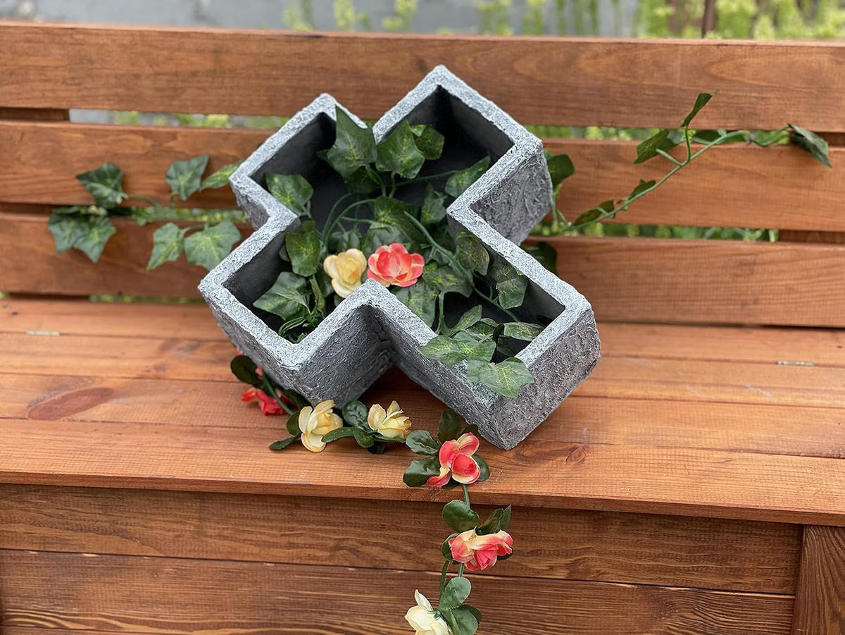 STEINFIGUR Grabkreuz Pflanzschale frostfest Steinguss - Grau, Stein (23/8/26cm) - stoneandstyle