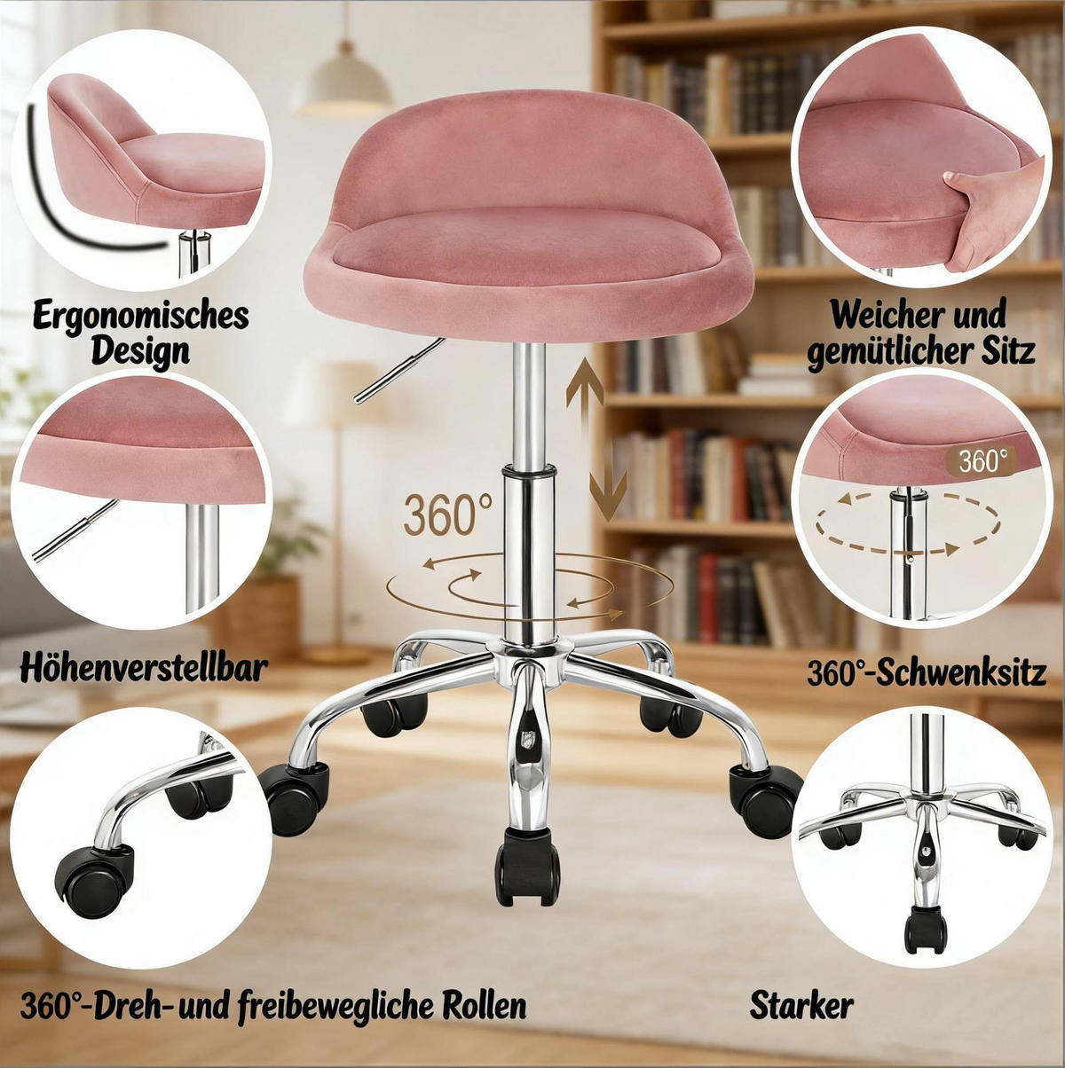 BÜROHOCKER höhenverstellbar 53-65,5 cm Samt Pink - Pink, Metall (30/65.5/30cm) - Meubliv