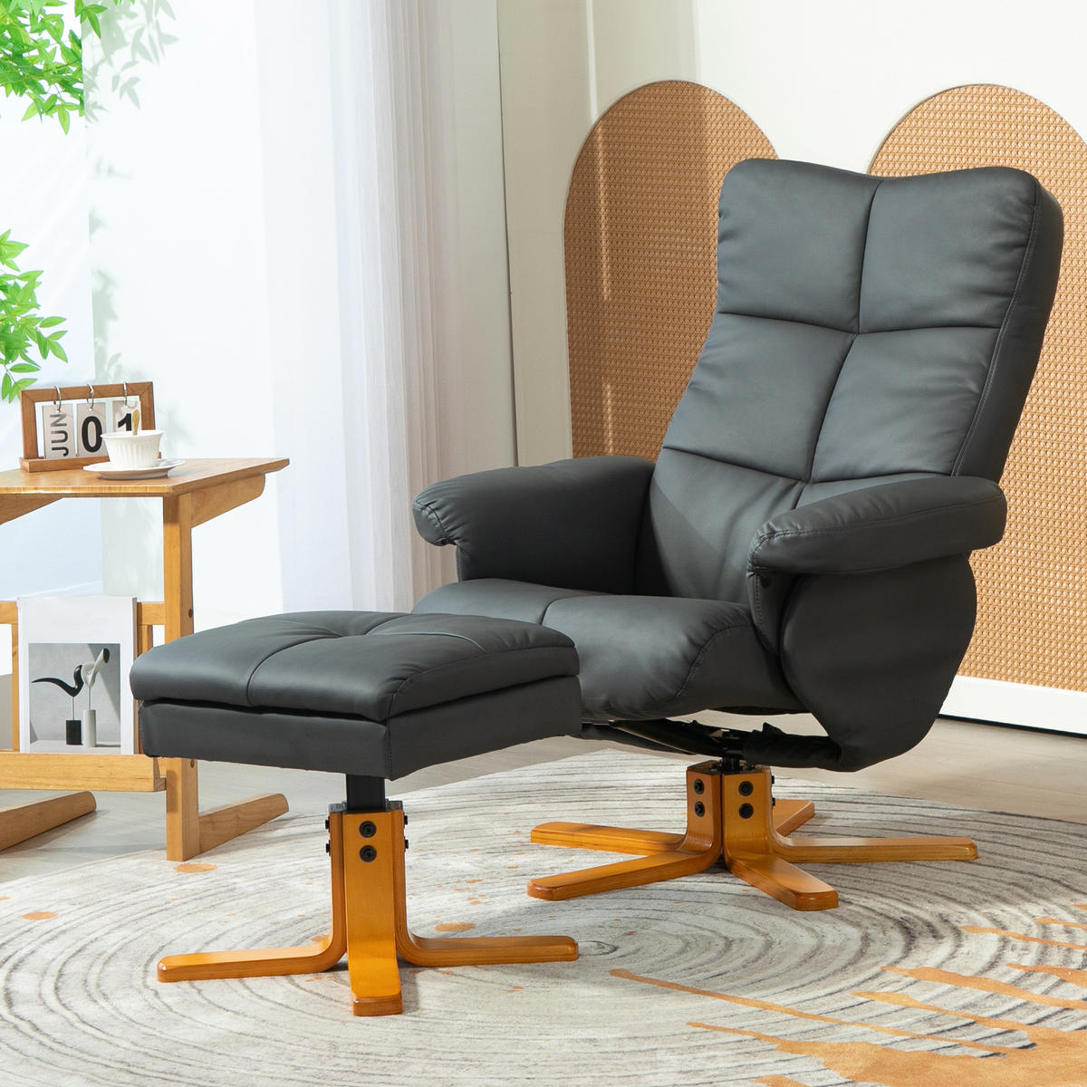 RELAXSESSEL mit Hocker, Stauraum, Fernsehsessel mit Liegefunktion, Dunkelgrau - Dunkelgrau/Braun, Holz (86/99/80cm) - HOMCOM
