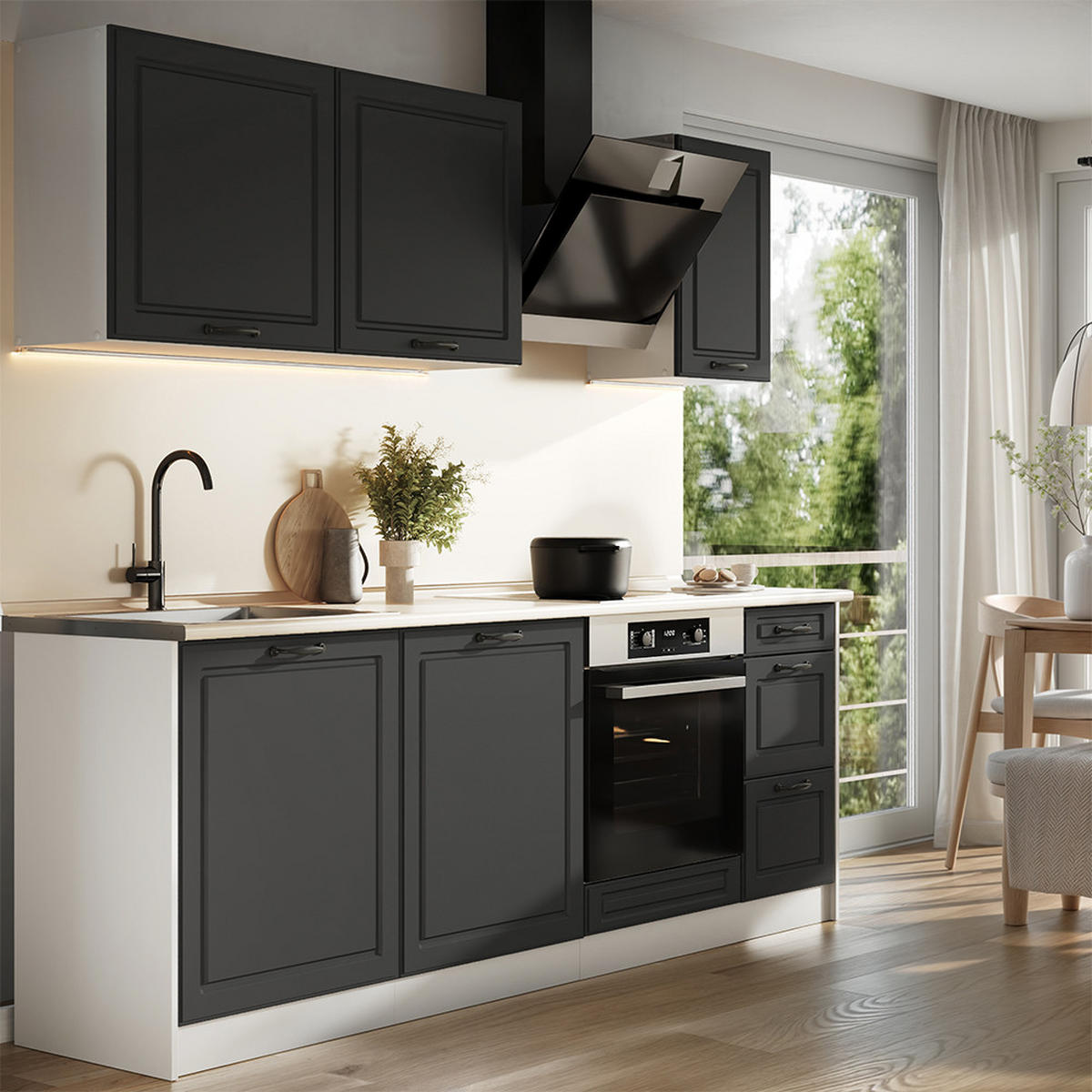 KUCHYNKA R-Line, Antracitový vidiecky dom/biely, 220 cm Goldkraft tammi työtaso - biela/antracitová, kompozitné drevo (220/81.6/60cm) - Vicco