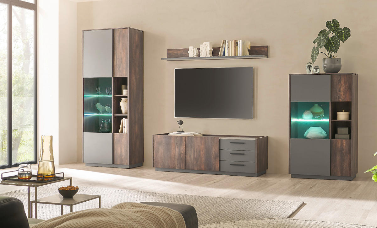 WOHNWAND Thermo Eiche, grau, Wohnkombination 2-teilig mit Soft-Close 270 x 180 cm - Eichefarben/Grau, Holzwerkstoff/Metall (270/180/45cm) - Furn.Design