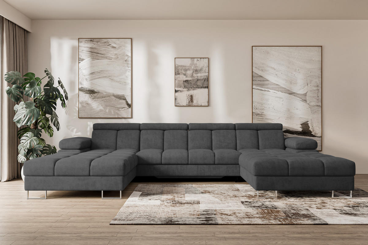 WOHNLANDSCHAFT mit Schlaffunktion und Bettkasten COMA U2 345x203x79 Dunkelgrau Velours - Dunkelgrau, Holzwerkstoff/Textil (345/79/203cm) - ALTDECOR