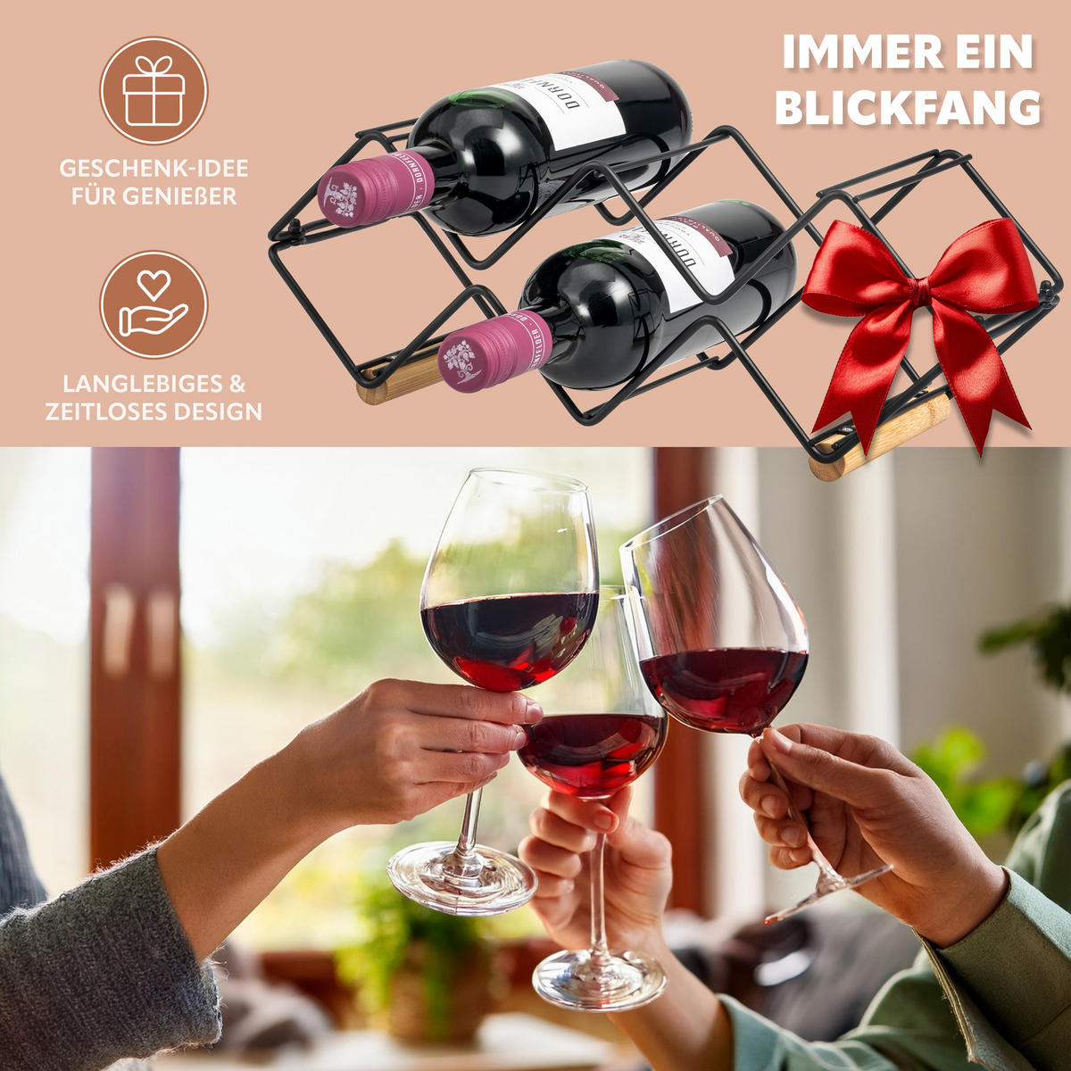 WEINREGAL 2er-Set, Bambus Metall - Schwarz, Metall (39/14.5/15cm) - eluno