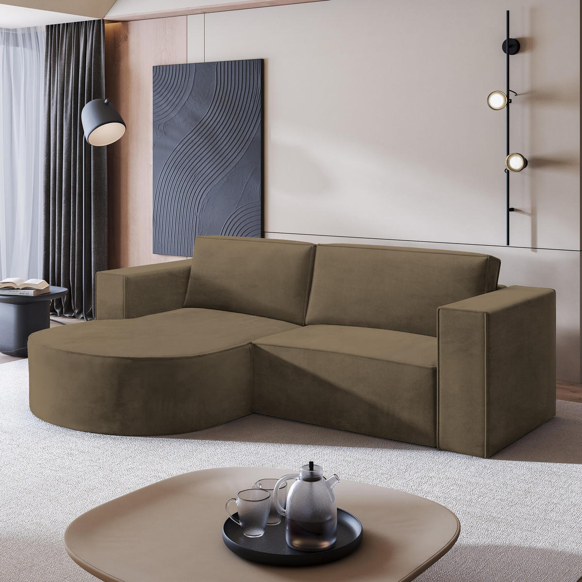 ECKSOFA SORELA M L-S Beige Velours-Stoff mit Schlaffunktion - Beige, Holz (263/174cm) - MASSENO