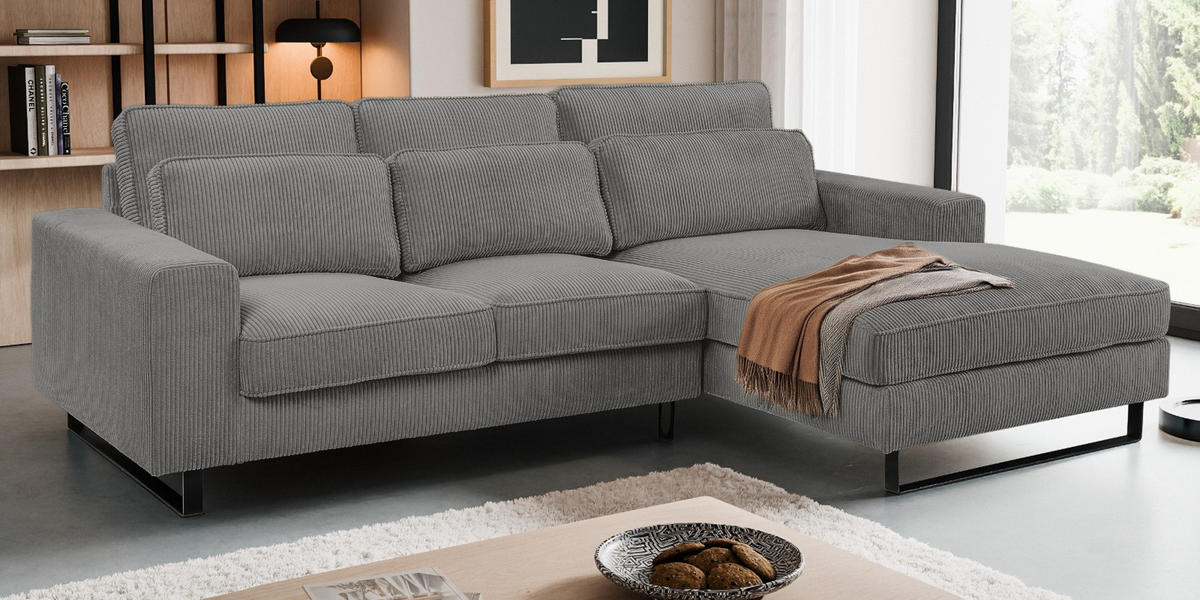 SOFA grau Cord 276 cm, Ecksofa 4-Sitzer, L-Sofa Ottomane rechts - Schwarz/Grau, Holz/Textil (276/183cm) - Inn.Furn