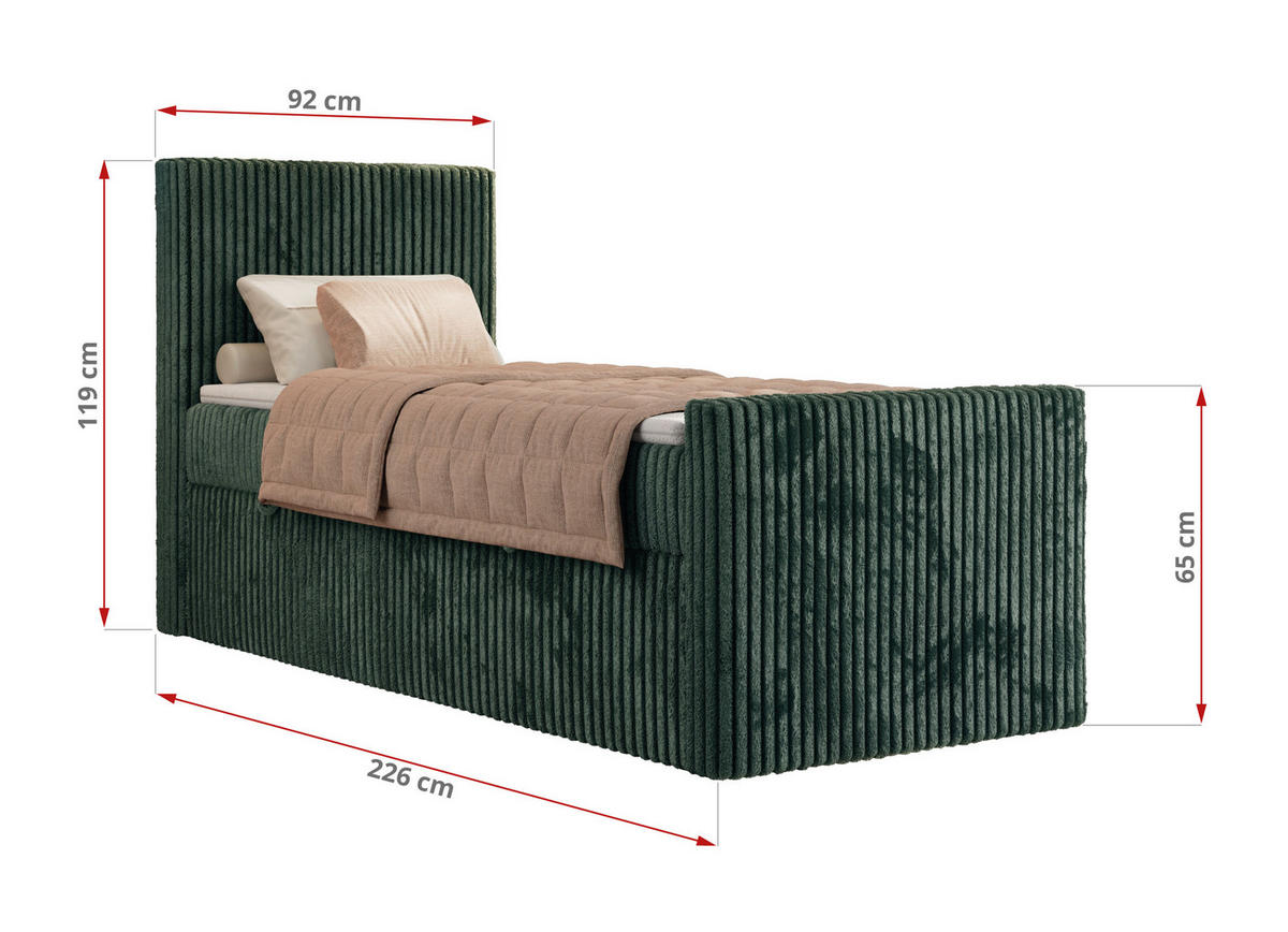 BOXBETT TILIANO DUO 90/200 - Dunkelgrün Cord - H4 - Topper T25 - Links Seite - Dunkelgrün, Textil (90/200cm) - MKS