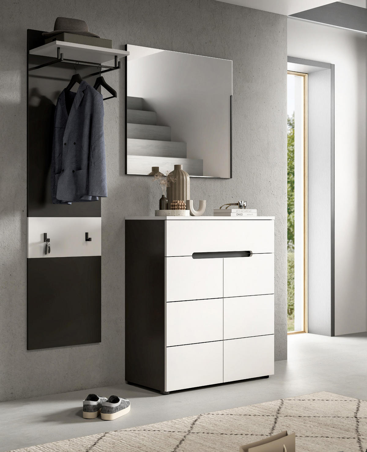 GARDEROBEN-SET 3-teilig in weiß, grau 140 cm mit Soft-Close, Cooper - Schwarz/Weiß, Glas/Holzwerkstoff (140/190/37cm) - Inn.Furn