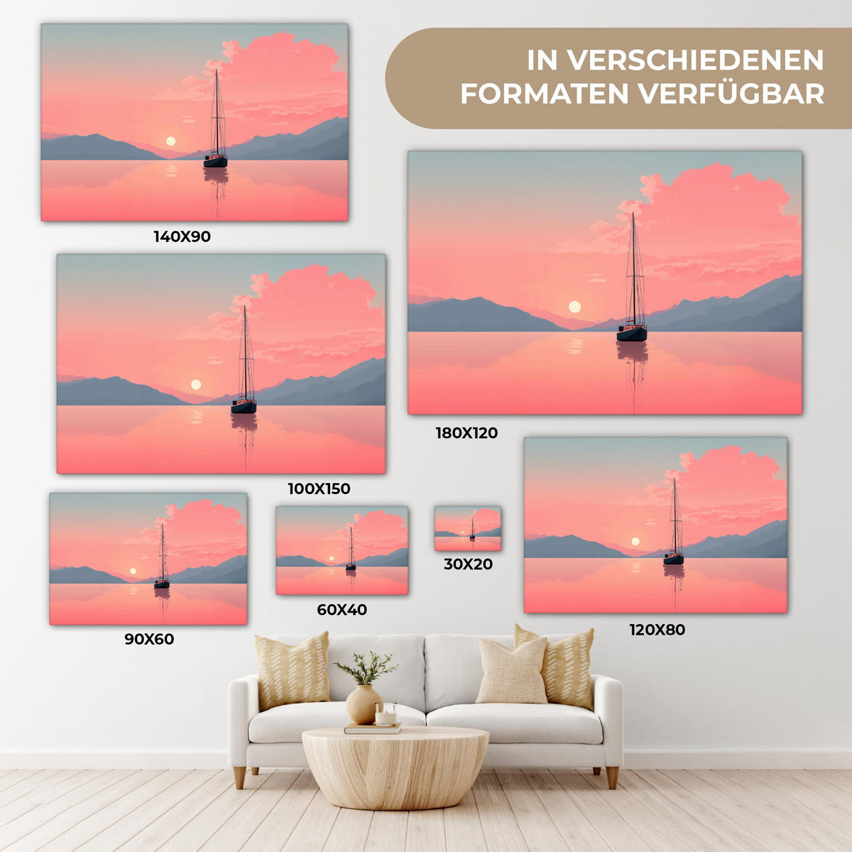 LEINWANDBILD Segelboot - Rosa Meer - Sonnenuntergang - Berge Groß 140x90 cm - Rosa, Textil (140/90cm) - MuchoWow