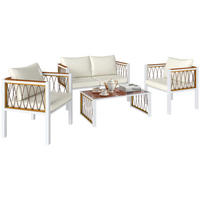 GARTENMÖBEL SET DE-06762 4-teilig mit Zweisitzer, 2 Sesseln & Glastisch Grau - Creme, Kunststoff/Metall - ComfortXL