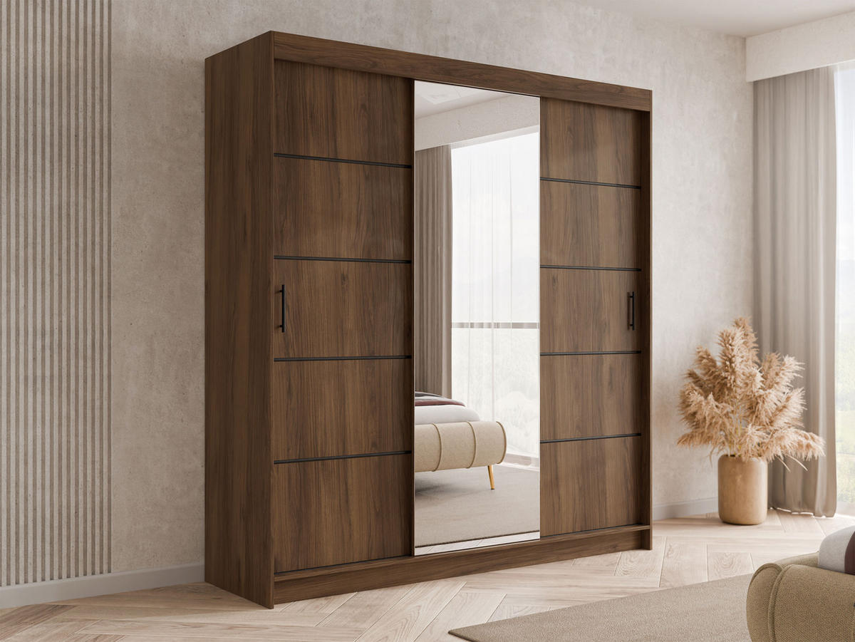 SCHIEBETÜRENSCHRANK Infinity III 200 - Nussbaumfarben/Schwarz, Holzwerkstoff/Kunststoff (200/200/58cm) - MIRJAN24