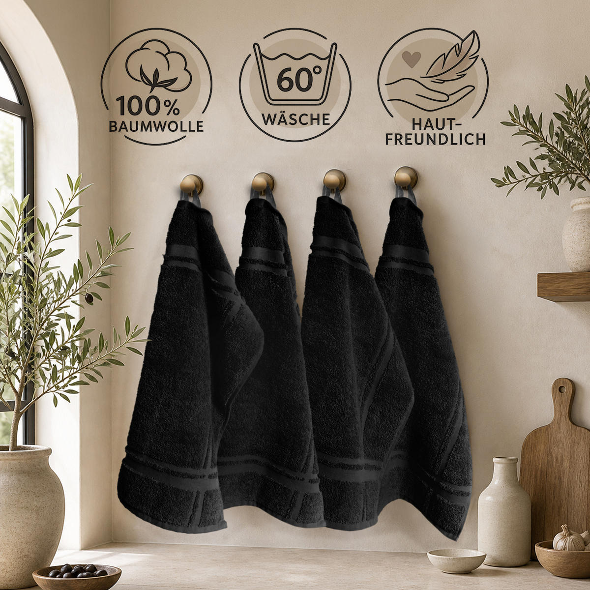 FROTTEE Küchenhandtücher 50x50 cm, 4er Set, Schwarz - Schwarz, Textil (50/50cm) - Lashuma