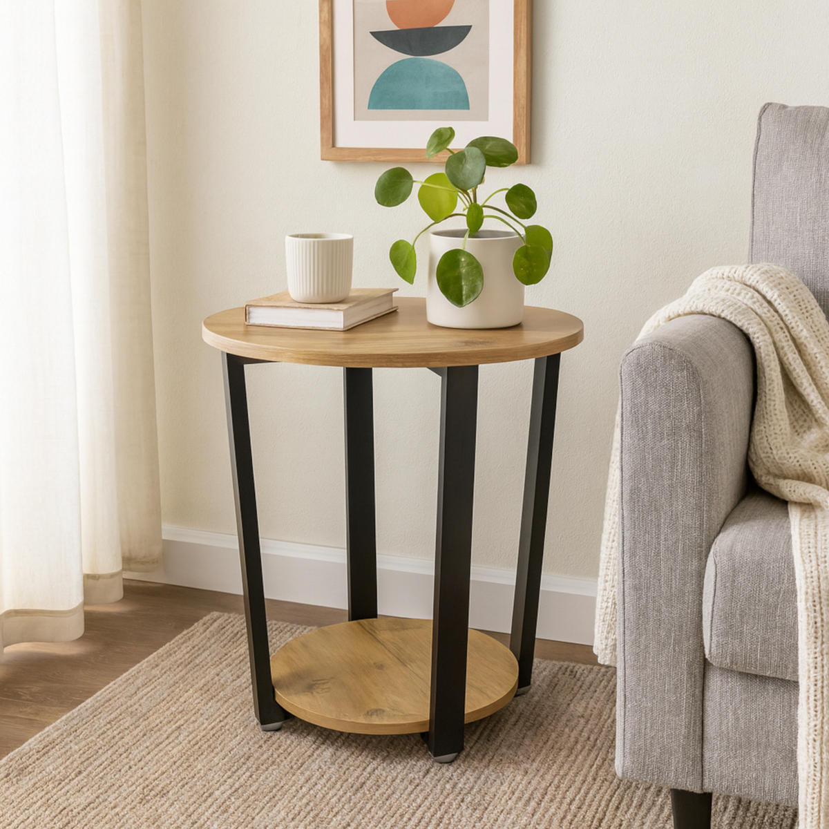 COUCHTISCH Holzoptik Metall Eichefarben Schwarz rund klein 46x52 cm - Eichefarben/Schwarz, Holzwerkstoff/Metall (46/46/52cm) - Begryf
