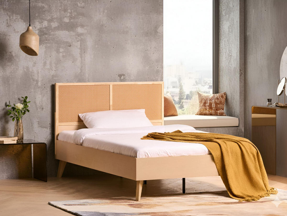 POSTEL s roštem 120/200 cm Faserplatte, PE Ratan Světle hnědá Monpazier - světle hnědá, přírodní materiály (120/200cm) - Beliani