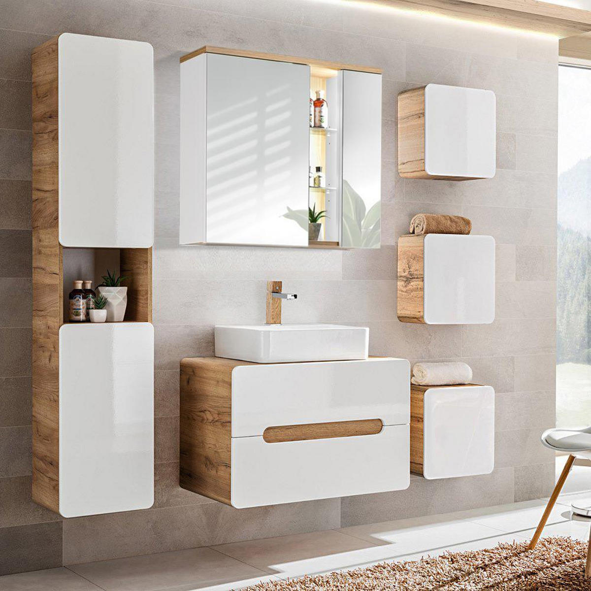 BADMÖBEL-SET 6-TLG. Luton-56 - Weiß, Holzwerkstoff (180/195/46cm) - Lomado