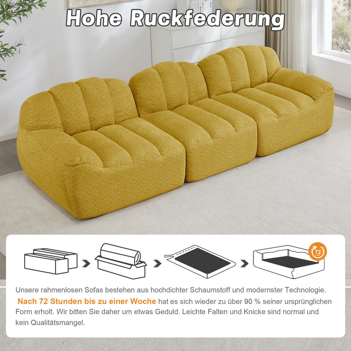 3-SITZER SOFA aus granuliertem Fleece, frameless Lounge-Design ohne Montage - Gelb, Textil (288/79/104cm) - Urban Meuble