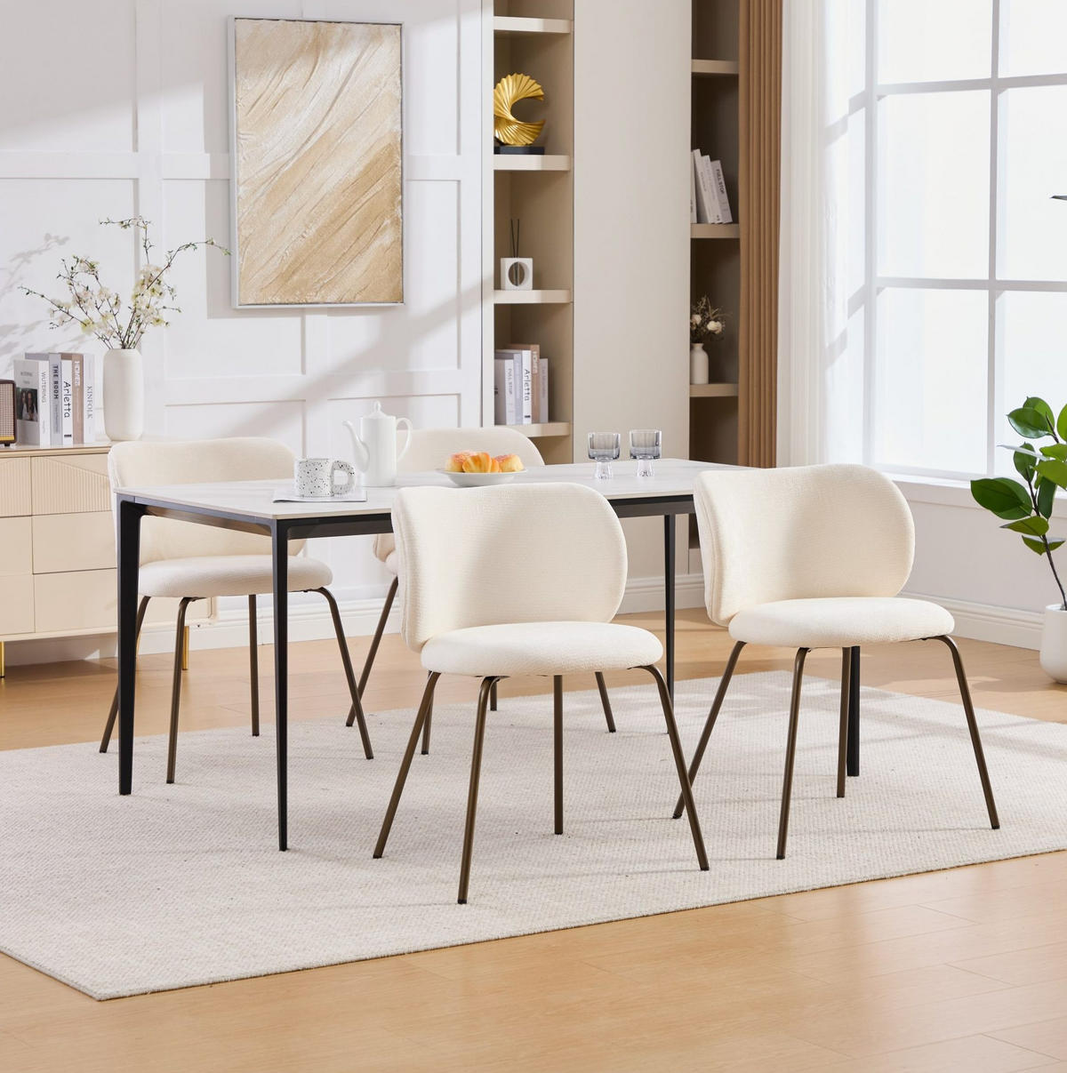 ESSZIMMERSTUHL mit gebogener Rückenlehne Chenille Creme Metallbeine - Beige, Metall (46.5/80/52cm) - Meubliv
