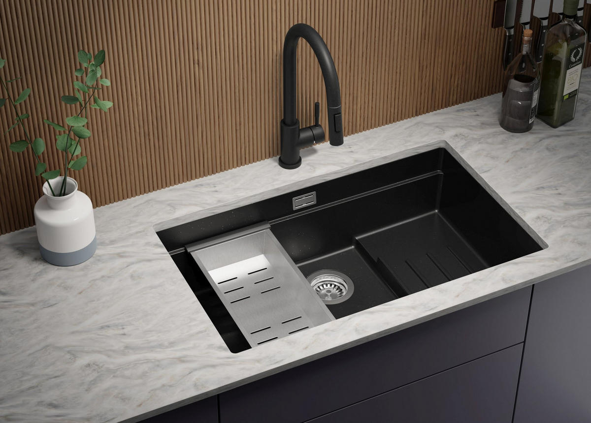 UNTERBAUSPÜLE GRANIT Praga, 2-er set Schwarz Metallic 76/47 cm 1 Becken + Ablauf-Set + Aufrollbare Abtropffläche ab 80er Unterschrank - Chromfarben/Schwarz Hochglanz, Kunststoff (76/20/47cm) - Primagran