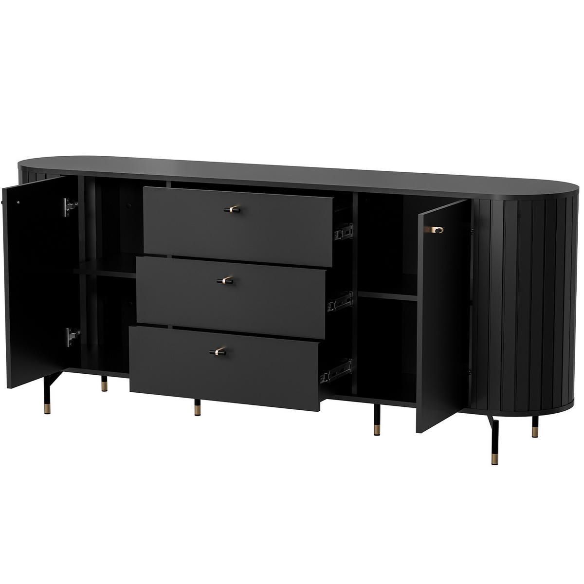 KOMMODE Zalia mit 2 Türen und 3 Schubladen, 190 cm, im Retro-Stil, Schwarz - Schwarz, Holzwerkstoff (190/81/40cm) - Beautysofa