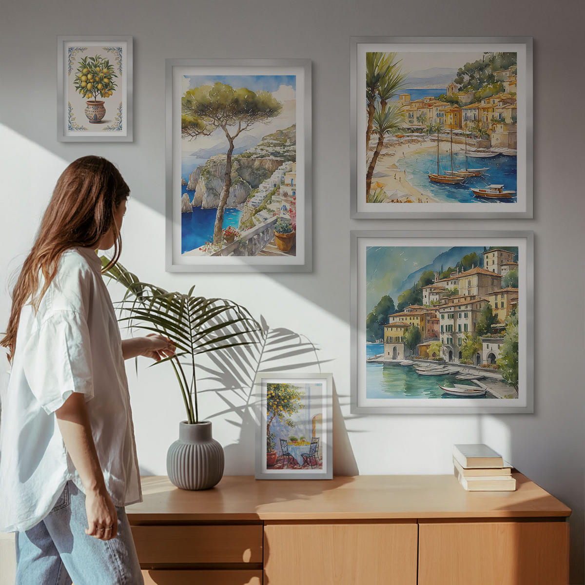 WANDBILDER 5er Set - 50x50 cm & 20x30 cm & 40x60 cm Silberner Rahmen - Monochromatische Brückentürme - Silberfarben, Kunststoff (40/60cm) - ArtPrintCave