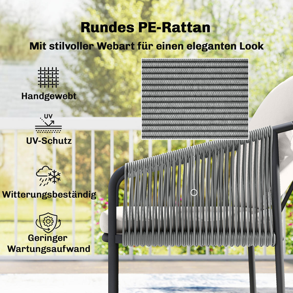 RATTAN-GARTENMÖBEL-SET 4er Set Stahl PE-Rattan Khaki - Hellgrau/Schwarz, Textil/Metall - Outsunny