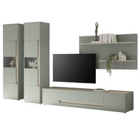 WOHNWAND Salbei grün, Eiche Barista Set 4-teilig, Wohnkombination mit XL-TV-Schrank 400 cm - Salbeigrün/Eichefarben, Glas/Holzwerkstoff (400/197/45cm) - Furn.Design