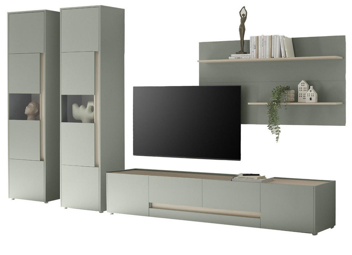 WOHNWAND Salbei grün, Eiche Barista Set 4-teilig, Wohnkombination mit XL-TV-Schrank 400 cm - Salbeigrün/Eichefarben, Glas/Holzwerkstoff (400/197/45cm) - Furn.Design