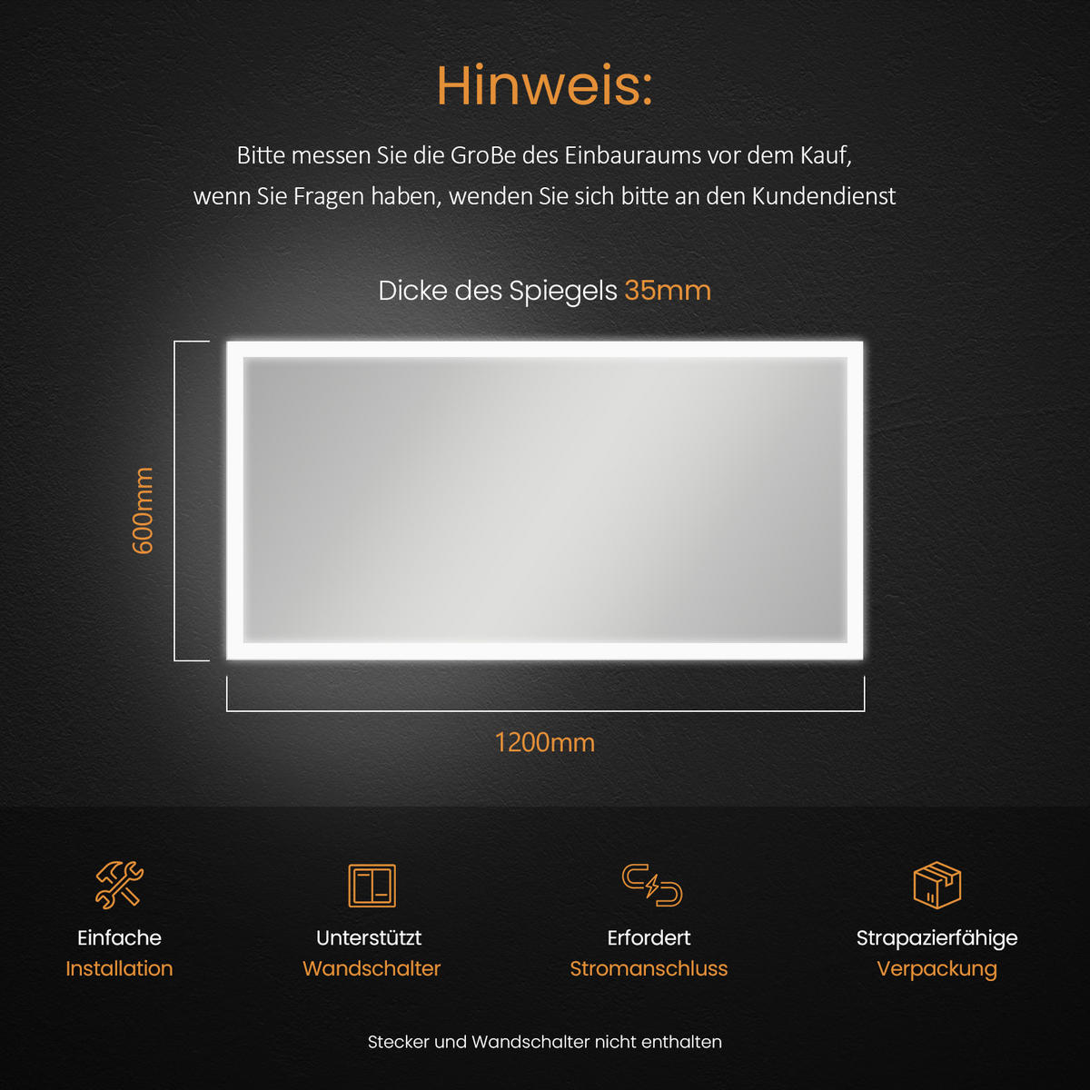 BADSPIEGEL mit Beleuchtung 120/60/3,5 cm - Weiß, Glas (60/3.5/120cm) - EMKE