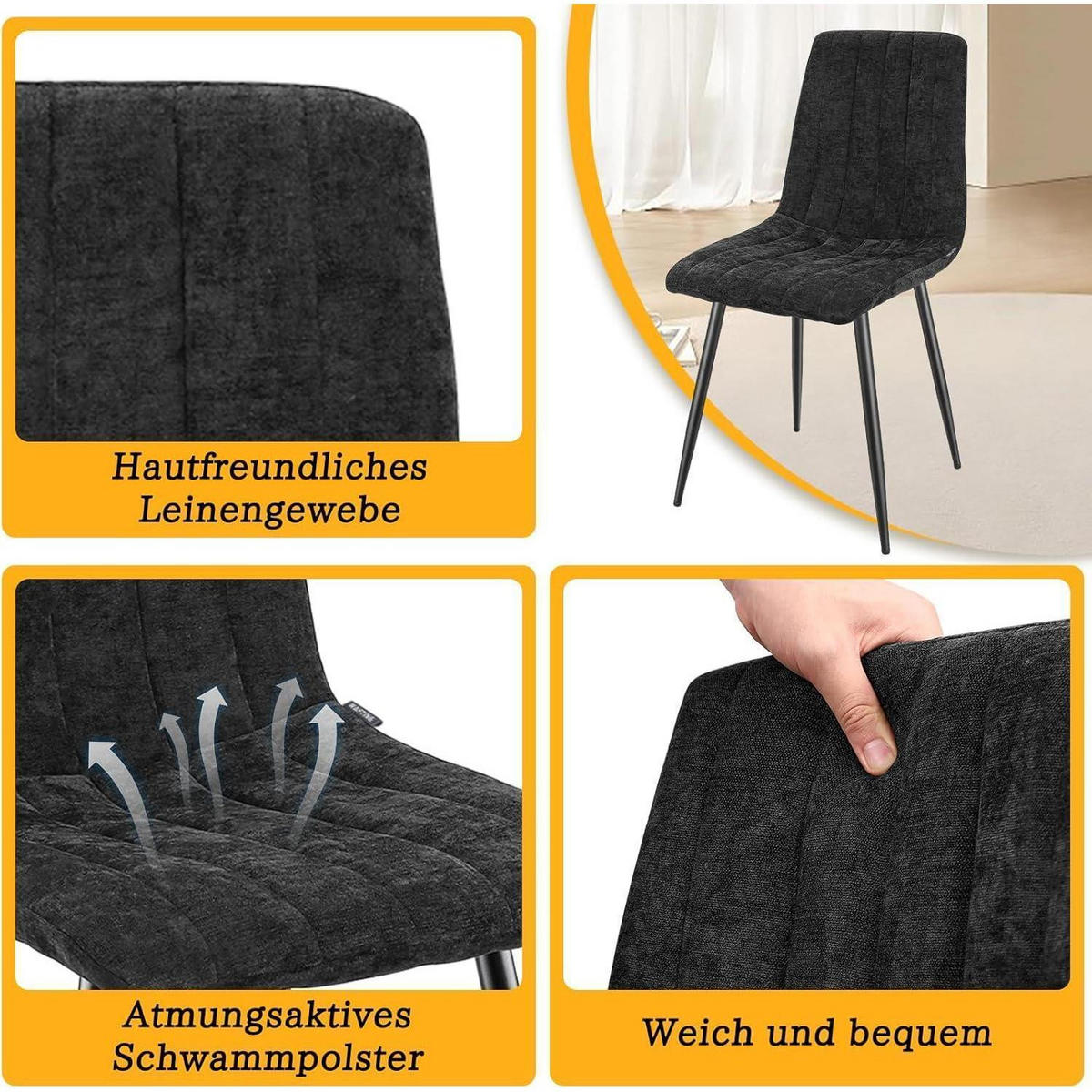 ESSZIMMERSTÜHLE 8er Set Schwarz mit hoher Rückenlehne - Schwarz, Textil (44/89/47cm)