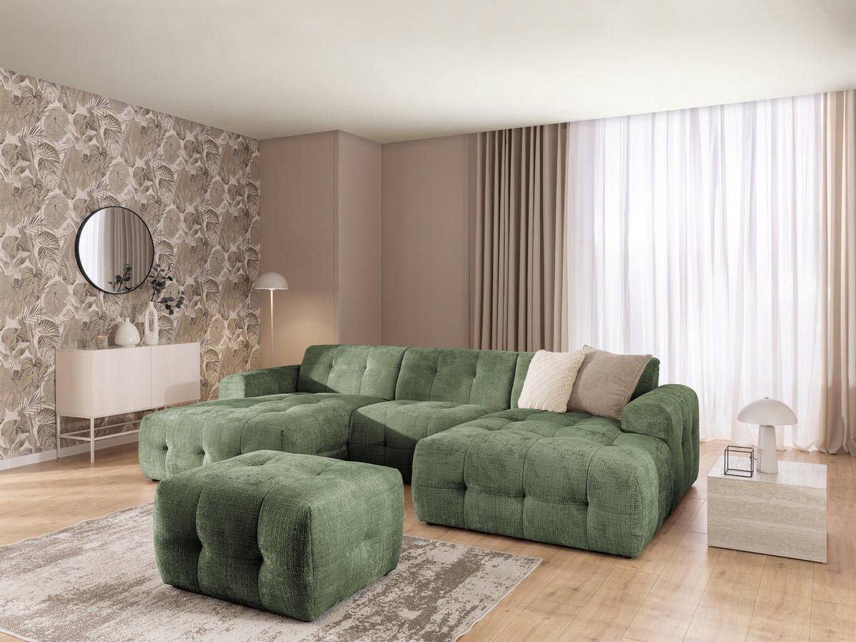 WOHNLANDSCHAFT inkl. Hocker Kozy im Bumpy-Design mit Schlaffunktion und fester Rückenlehne aus weichem Grün Chenille-Stoff - Schwarz/Grün, Holz/Kunststoff (323/79/161cm) - S-Style Möbel