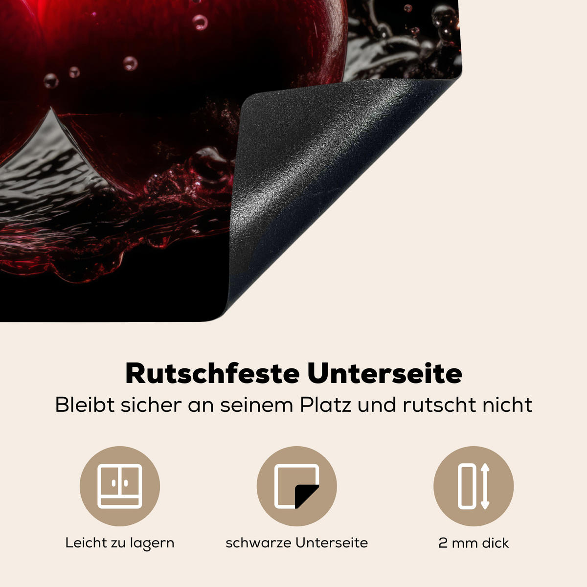 HERDABDECKPLATTE Kirsche - Rot - Frucht - Wasser - Schwarz Herdabdeckung Induktionsfeld 65x52 cm - Kirschrot, Kunststoff (65/52/0.2cm) - MuchoWow