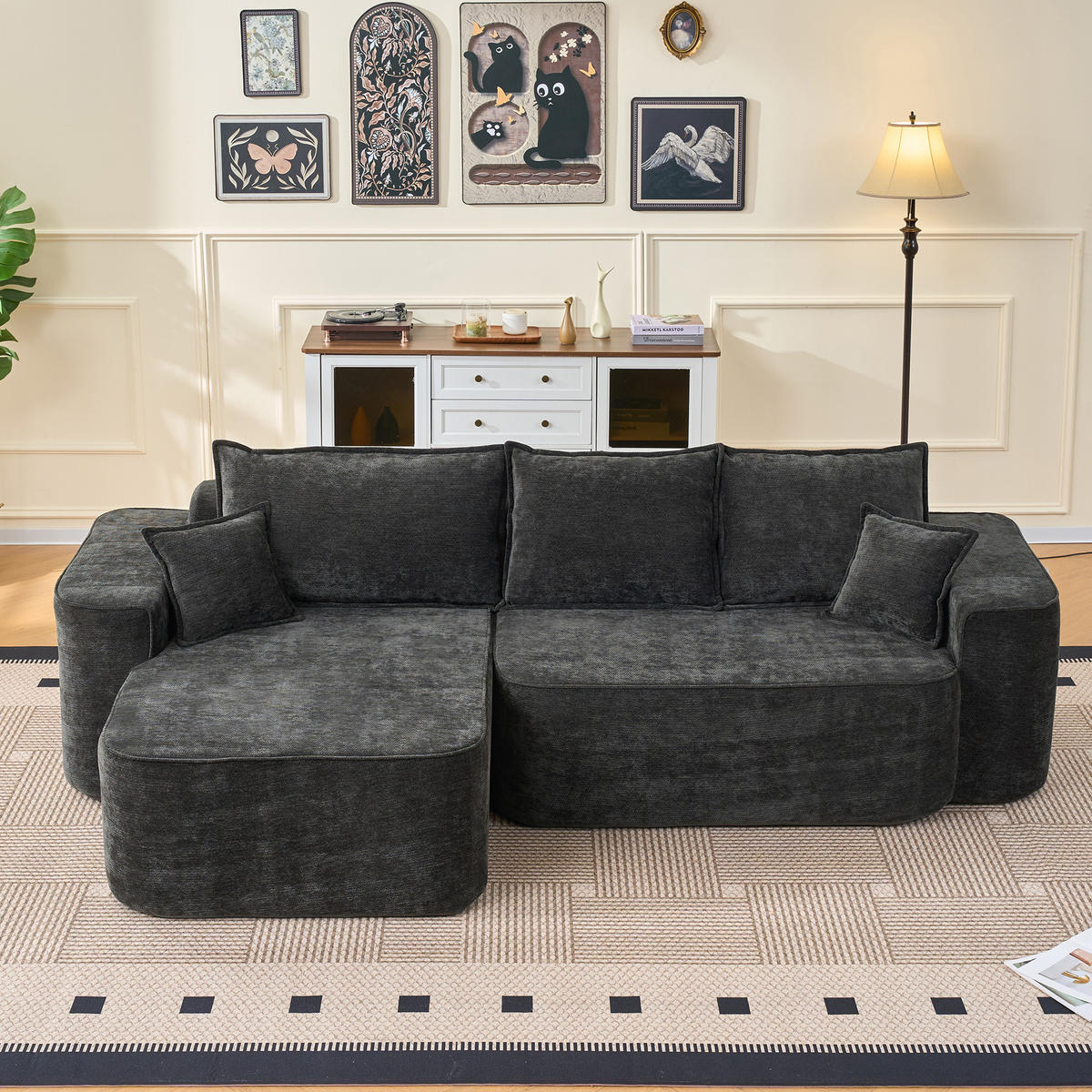 ECKSOFA 262/144/65 cm schwarz aus Chenille mit Chaiselongue und modularem Design - Schwarz, Textil (144/262cm) - OKWISH