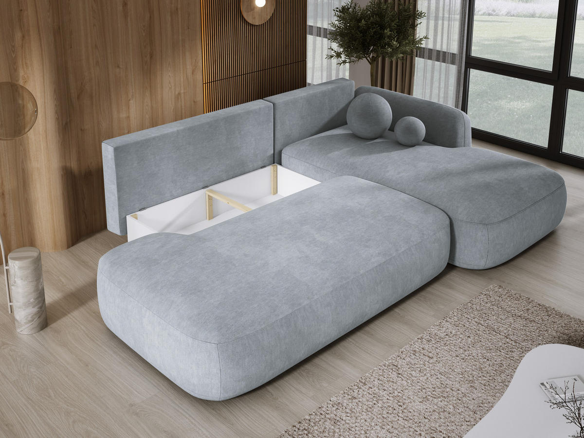ECKSOFA BABU mit Bettfunktion – Moderne Polsterecke für Wohnzimmer, Funktionales Schlafsofa im Stoff CLOUD, 300x105x60 cm, Rechte, – Hellgrau - Hellgrau, Holz/Textil (300/190cm) - DomoHome