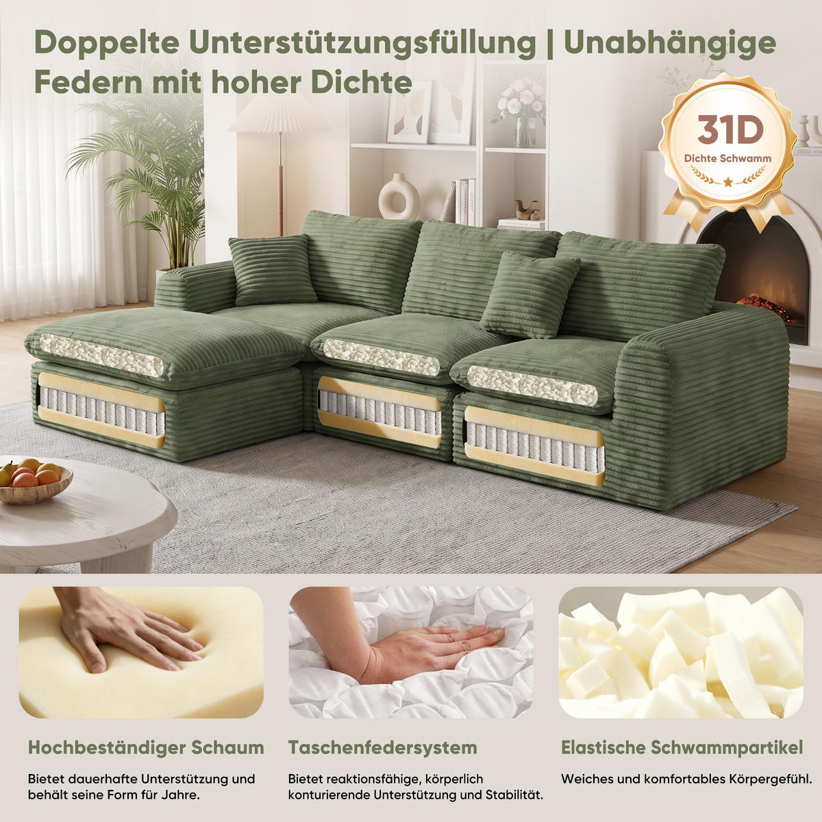ECKSOFA 280/180/65 cm Grün Cord mit 1 Fußhocker - Grün, Textil (180/280cm) - Oxeza