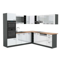 ECKKÜCHE R-Line Weiß Hochglanz/Anthrazit 237 x 247 cm, AP Eiche - Weiß Hochglanz/Anthrazit, Holzwerkstoff (247/81.6/60cm) - Vicco