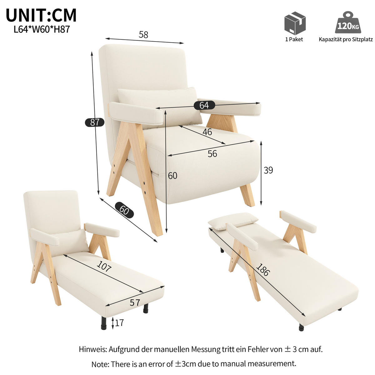 SCHLAFSESSEL Leinen mit 6-fach verstellbarer Rückenlehne 87/64/60 cm Beige - Beige, Textil (87/64/60cm) - Redom