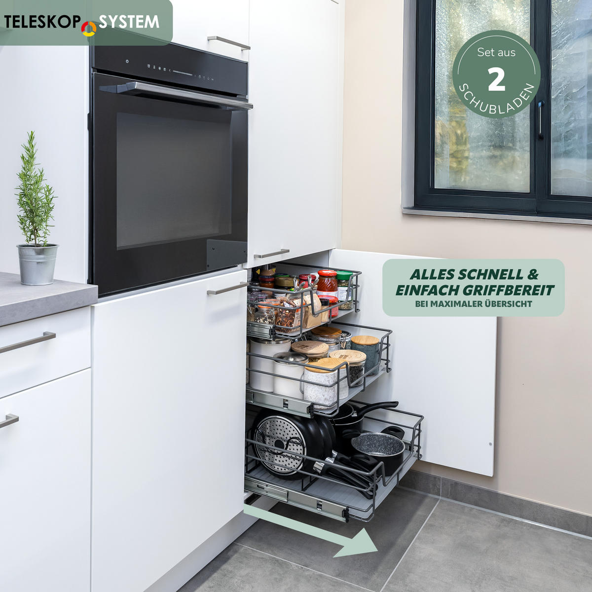 TELESKOPSCHUBLADEN (2er Set), für 60 cm Schrank, Metall, Grau - Chromfarben/Grau, Metall (57/14/44cm) - bremermann
