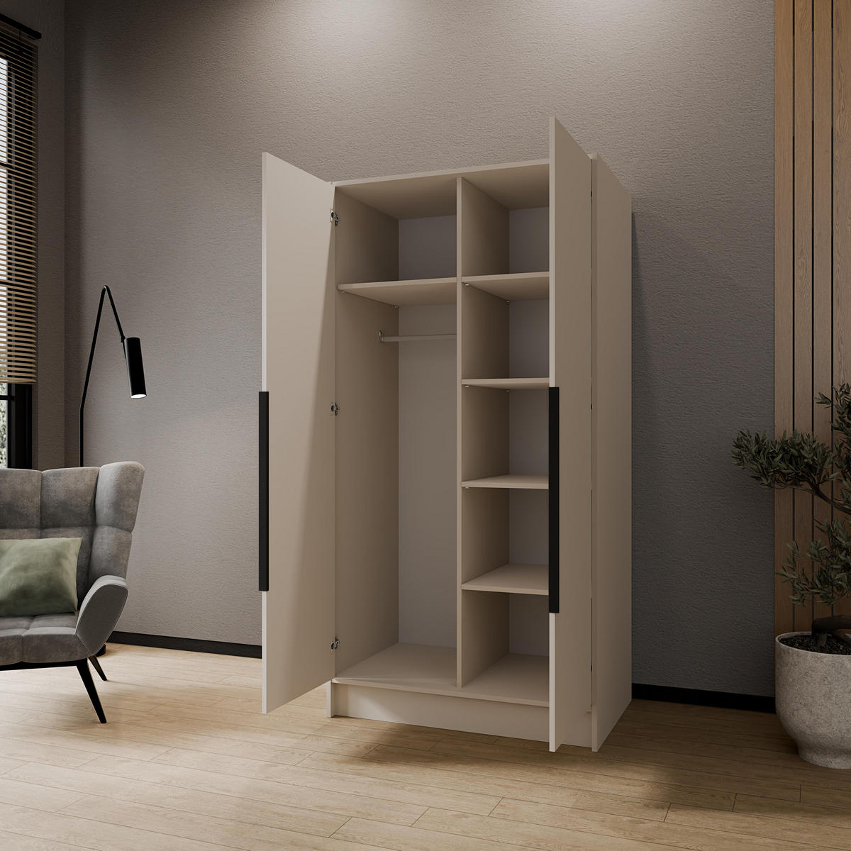 DREHTÜRENSCHRANK Luxia mit Spiegel, Kaschmir mit schwarzen Griffen, 100 cm - Kaschmir/Schwarz, Holzwerkstoff (102/200/51cm) - AN Furniture Store