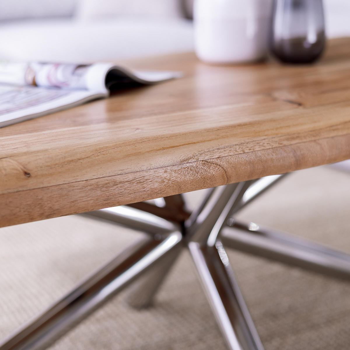 HOME24 Couchtisch KHENO - Edelstahlfarben, Holz/Metall (70/120/45cm) - home24