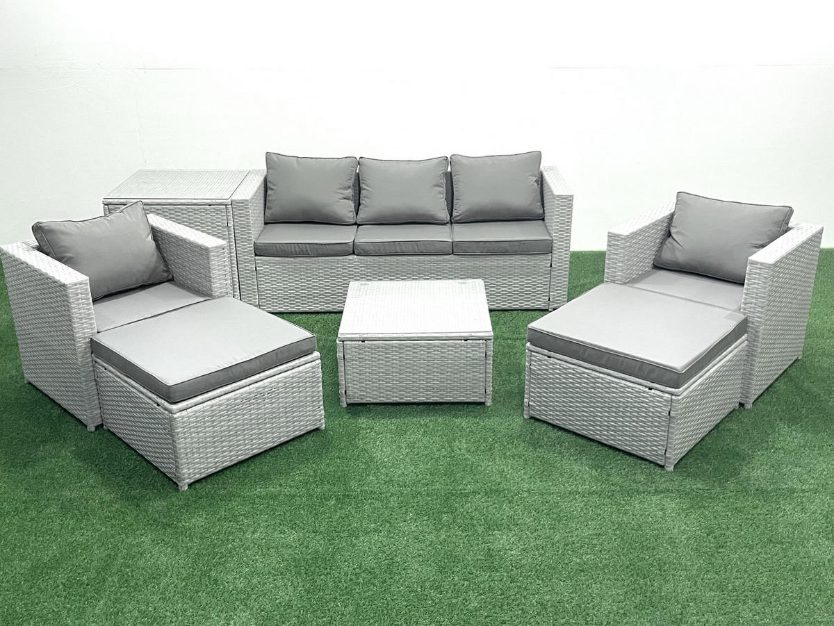 GARTENMÖBEL-SET mit Kissen Polyrattan Hellgrau-Mix 7-Sitzer - Hellgrau/Grau, Glas/Kunststoff - Fimous