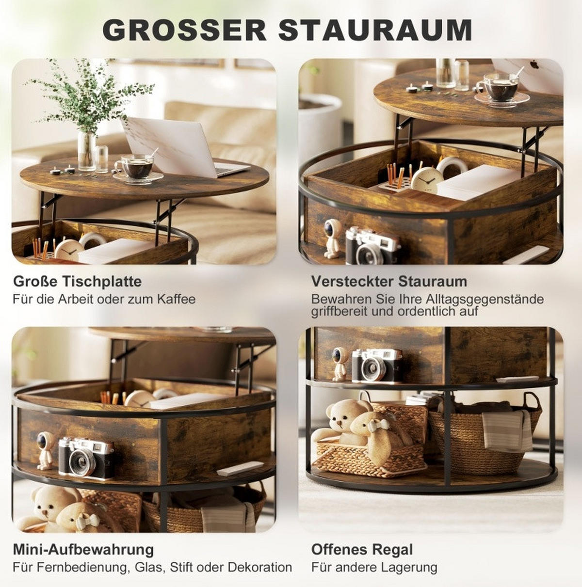 COUCHTISCH 80/80/47-61,5 cm höhenverstellbar mit Stauraum und Ablage, Braun - Braun, Holz (80/80/61.5cm) - Modfu