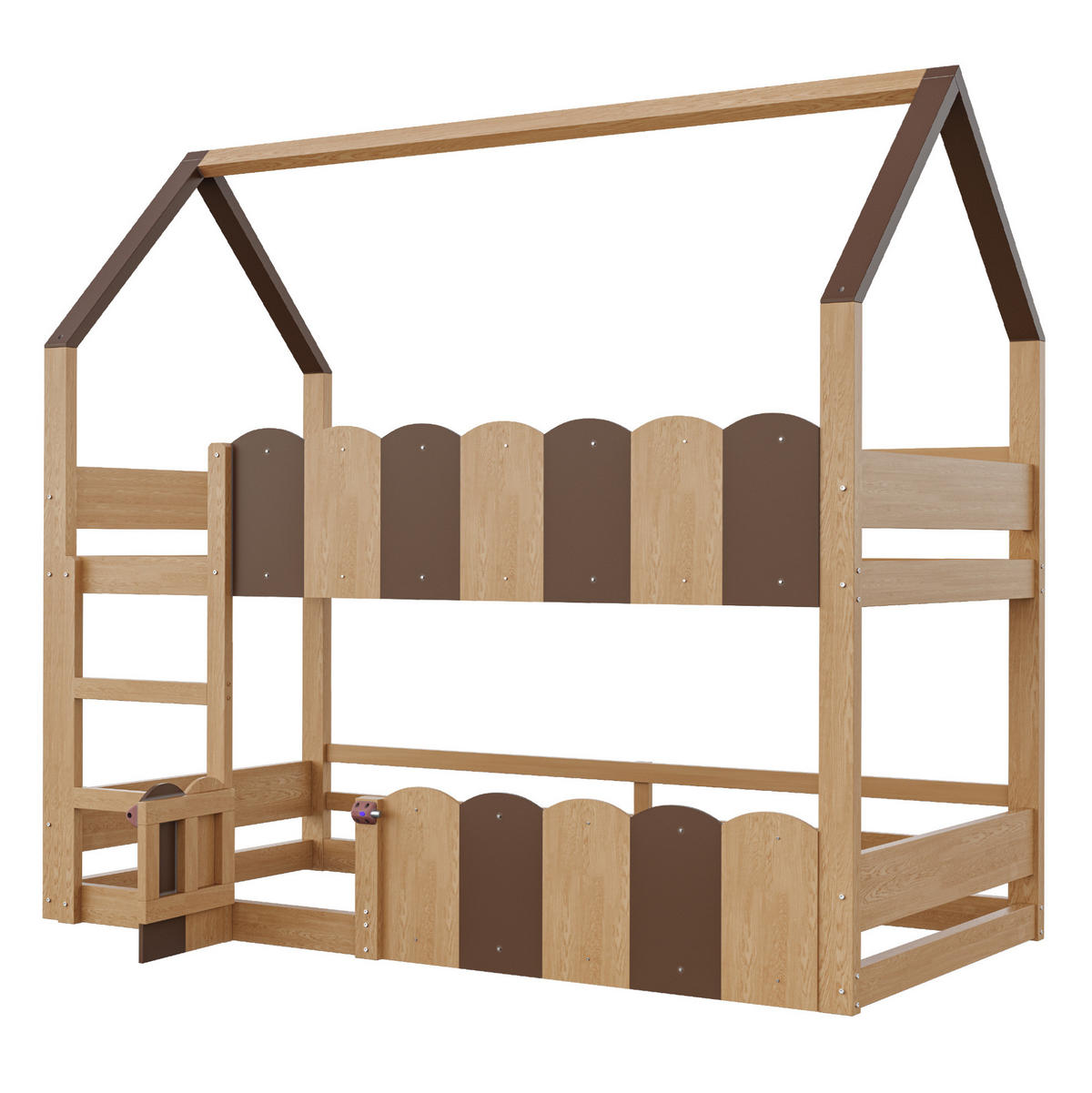 ETAGENBETT 90/200 cm in Naturholz, hausförmig mit Sicherheitsgeländern - Naturfarben, Holz (90/200cm) - OKMYHOME