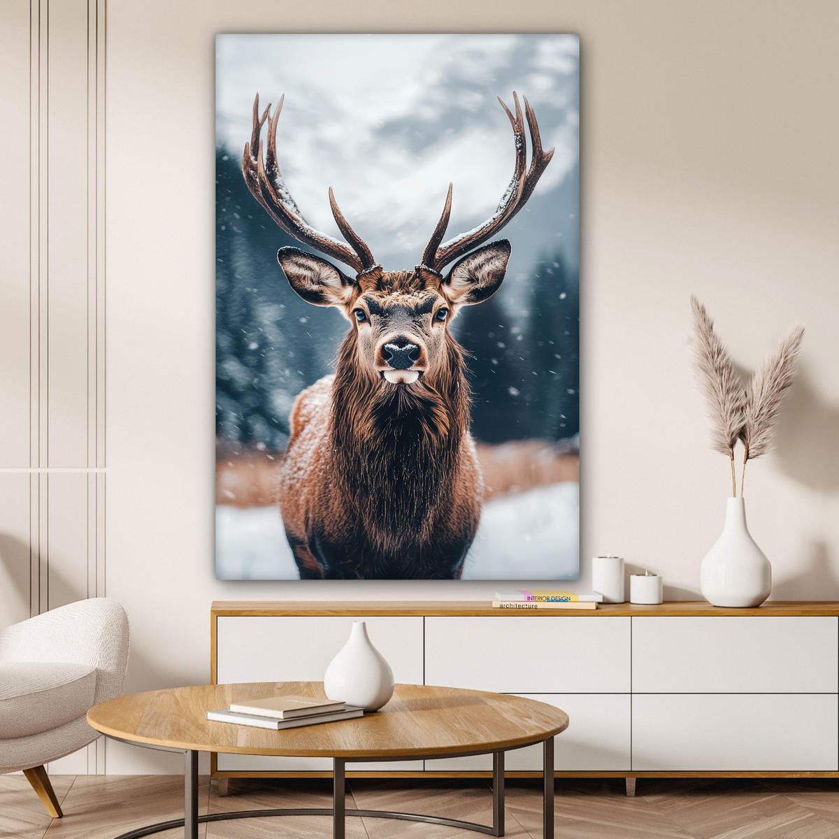 LEINWANDBILD Hirsche - Tiere - Landschaft - Winter - Schnee 90x140 cm - Kastanienfarben, Textil (90/140cm) - MuchoWow