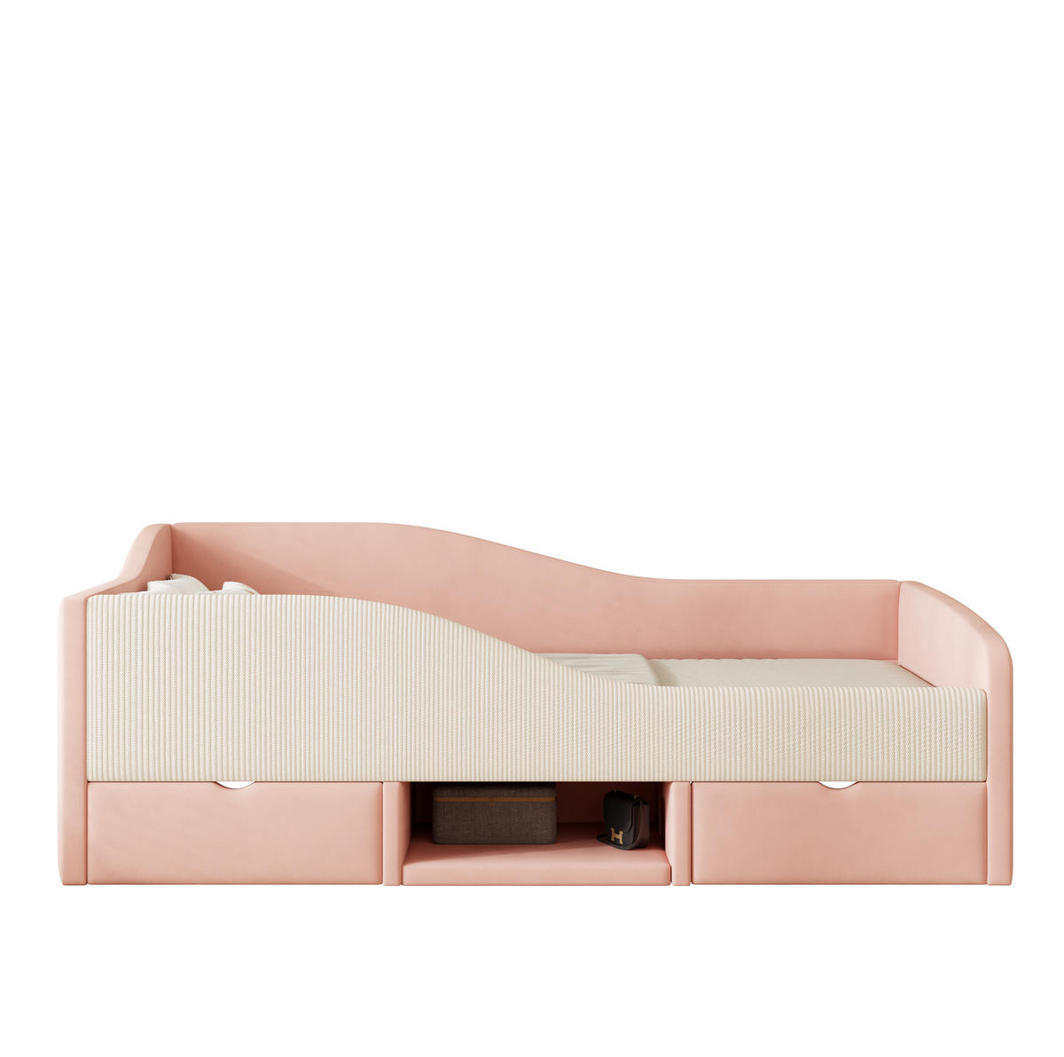 SAMT-POLSTERBETT 90/190 cm mit 2 Schubladen und gepolsterten Schutzgittern - Rosa, Textil (90/190cm) - BEAOK